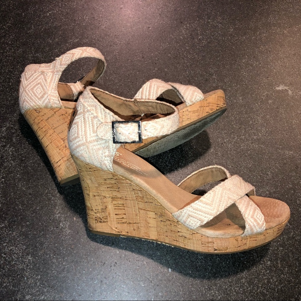 Toms Beige Patterned Cork Wedge Sandals
